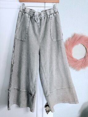 easel Wide Leg Drawstring Pants in Washed Gray